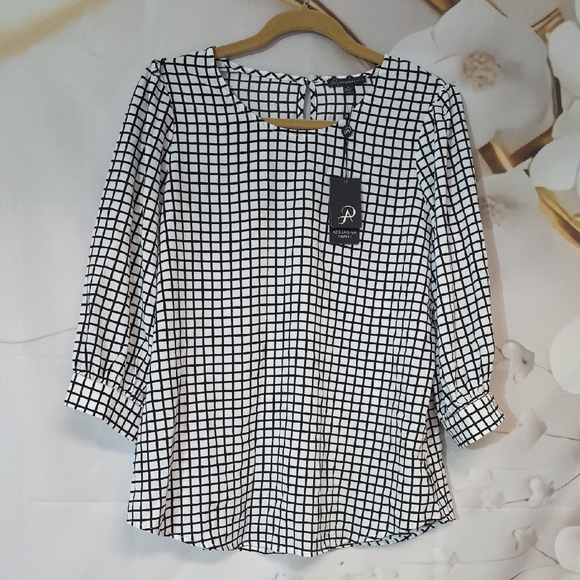 Adrianna Papell Monochrome Checkered Blouse - Picture 2 of 6